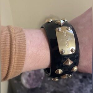 Auth Jimmy Choo spiked patent leather dark brown  gloss leather Bangle  design